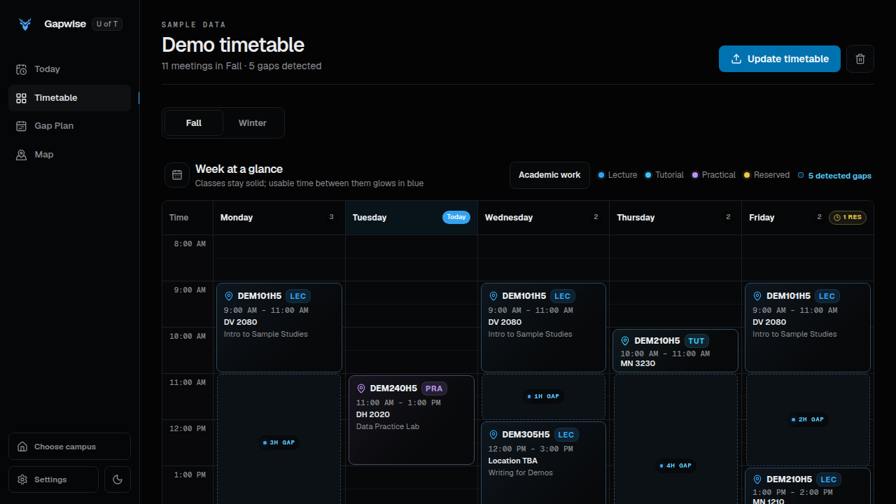 Gapwise timetable, gap-planning, and campus-navigation interface